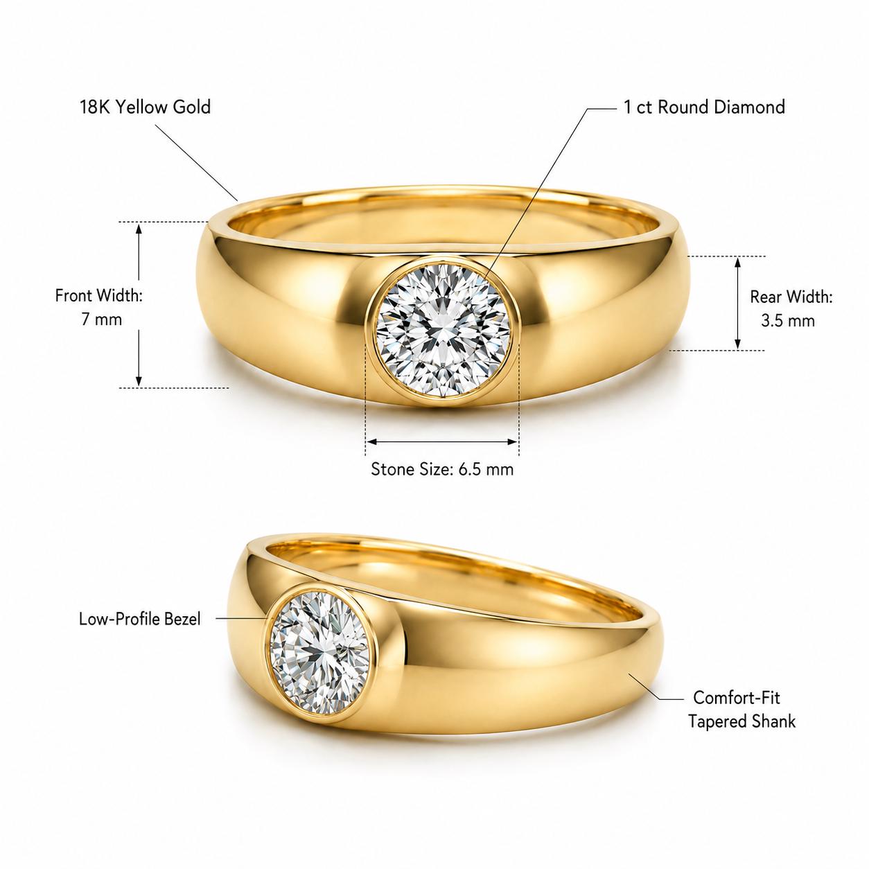 1ct round lab diamond solitaire ring in PT950 platinum or 18K gold material and dimensions specification