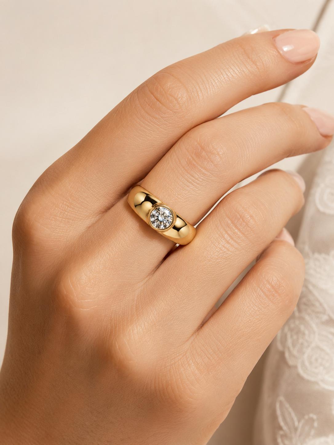 1ct round lab diamond solitaire ring in PT950 platinum or 18K gold angled view