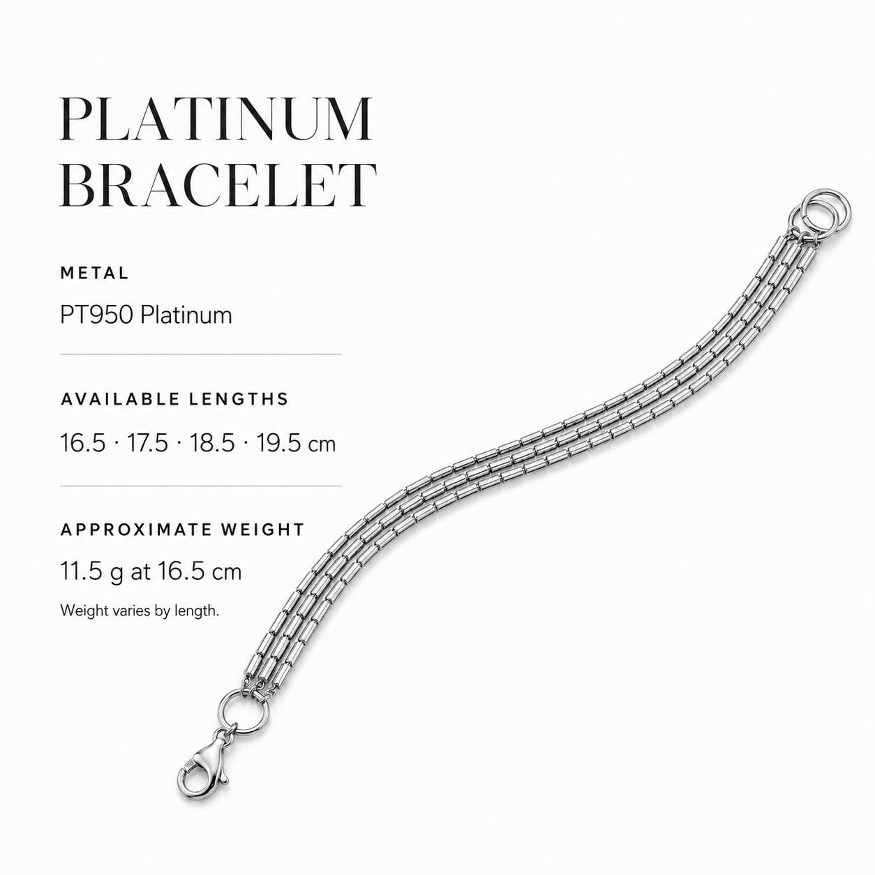 PT950 three-strand bracelet length and weight guide