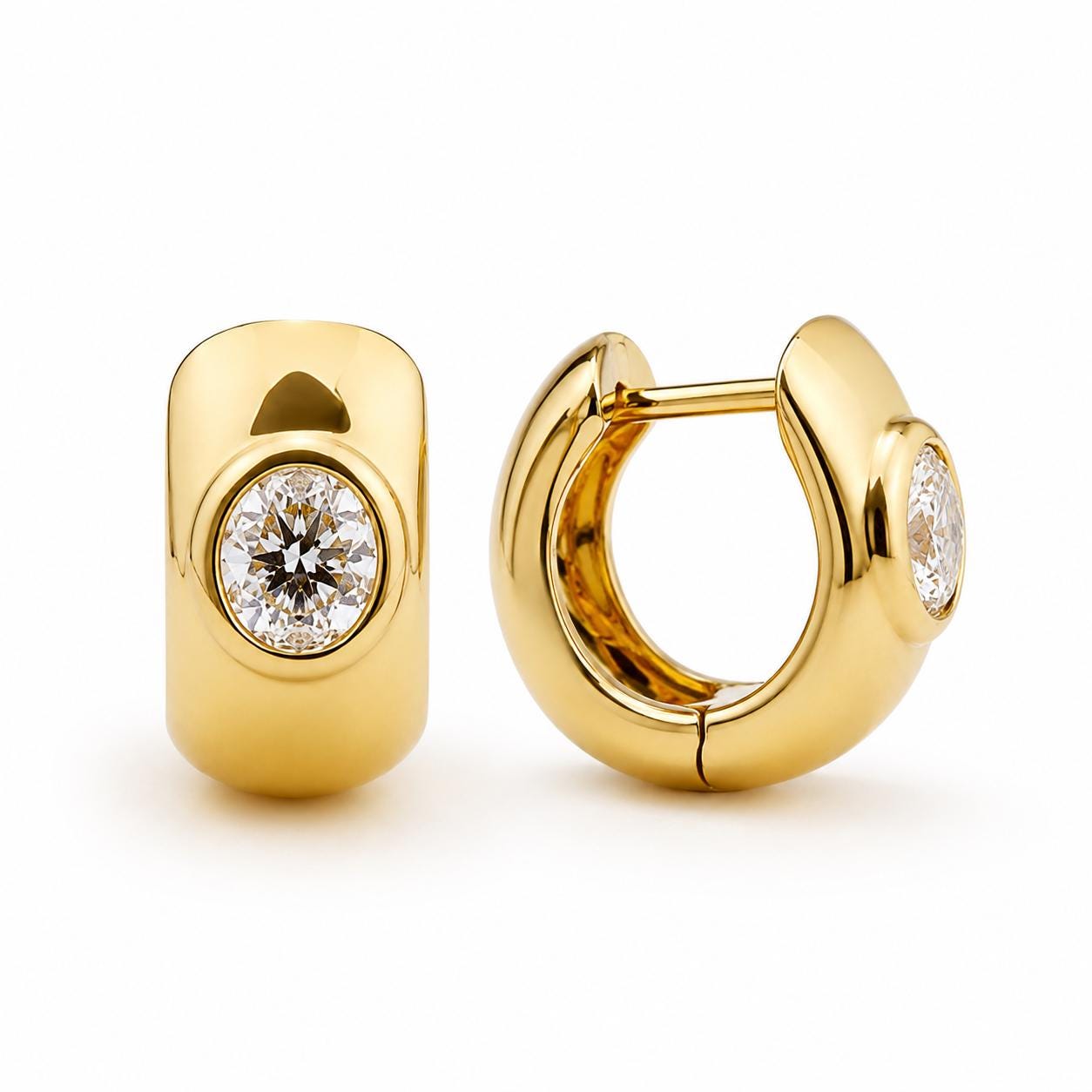 Chunky 18K gold oval lab diamond huggie hoops on white