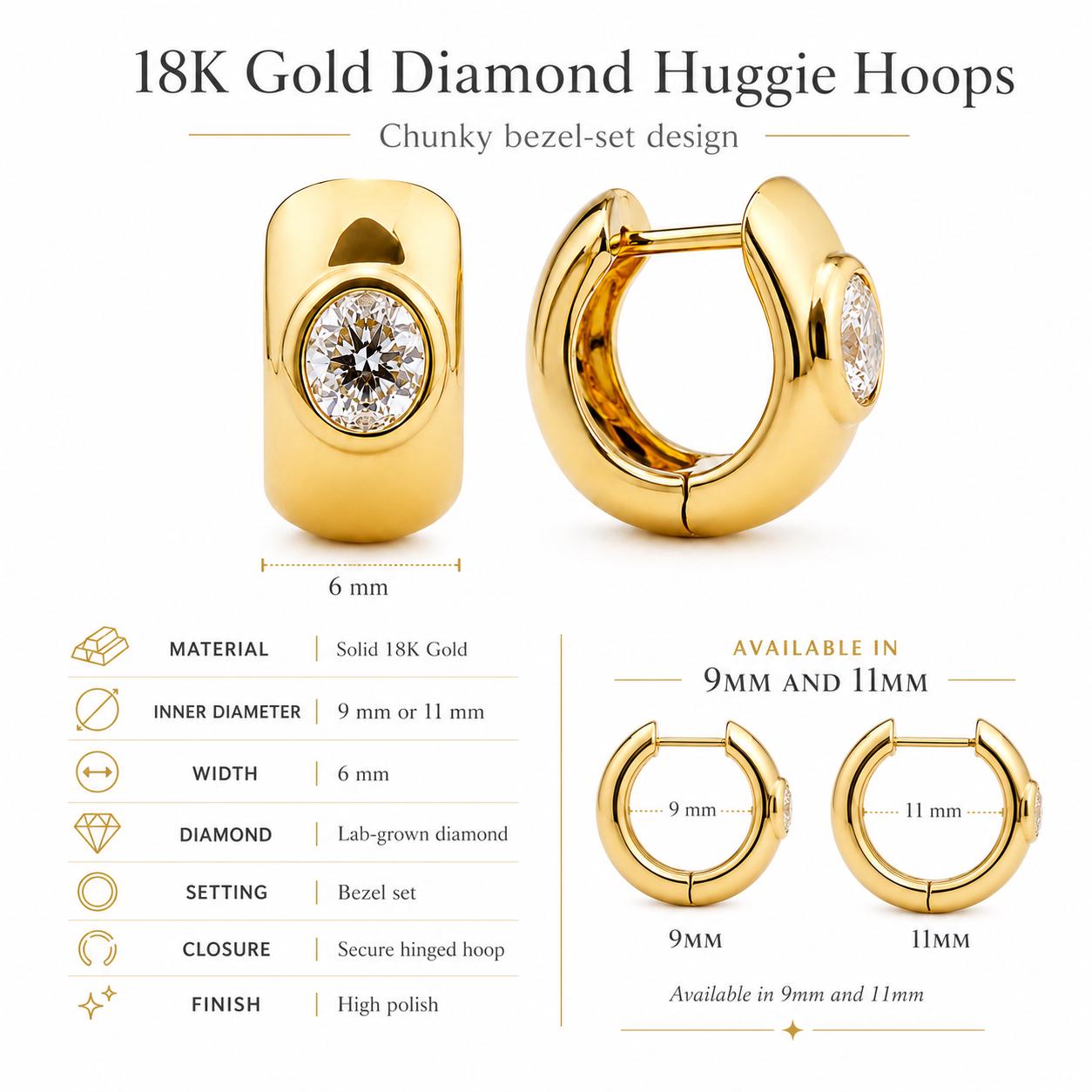 18K gold oval diamond huggie hoop size and specification guide
