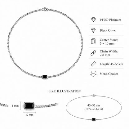 Black onyx necklace size guide showing 5 by 10mm stone and 2.8mm chain