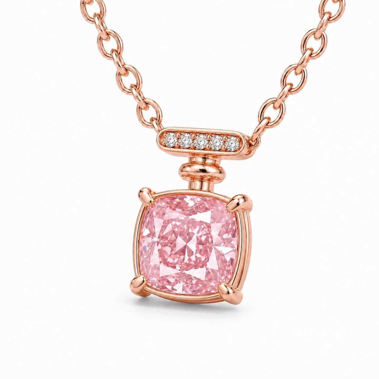 Cushion-cut pink lab-grown diamond necklace in solid 18K rose gold