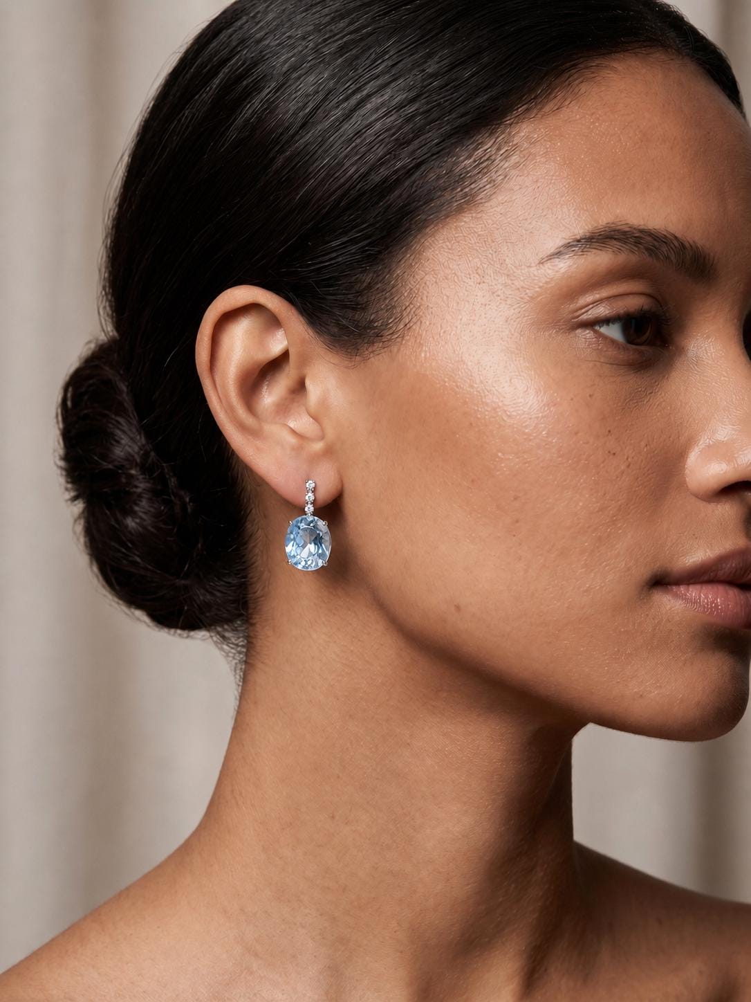 Natural aquamarine diamond drop earrings worn view