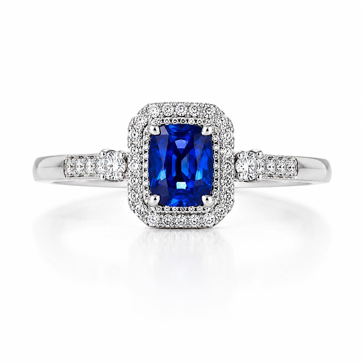 PT950 platinum natural sapphire diamond halo ring front view