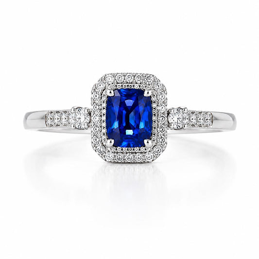 PT950 platinum natural sapphire diamond halo ring front view