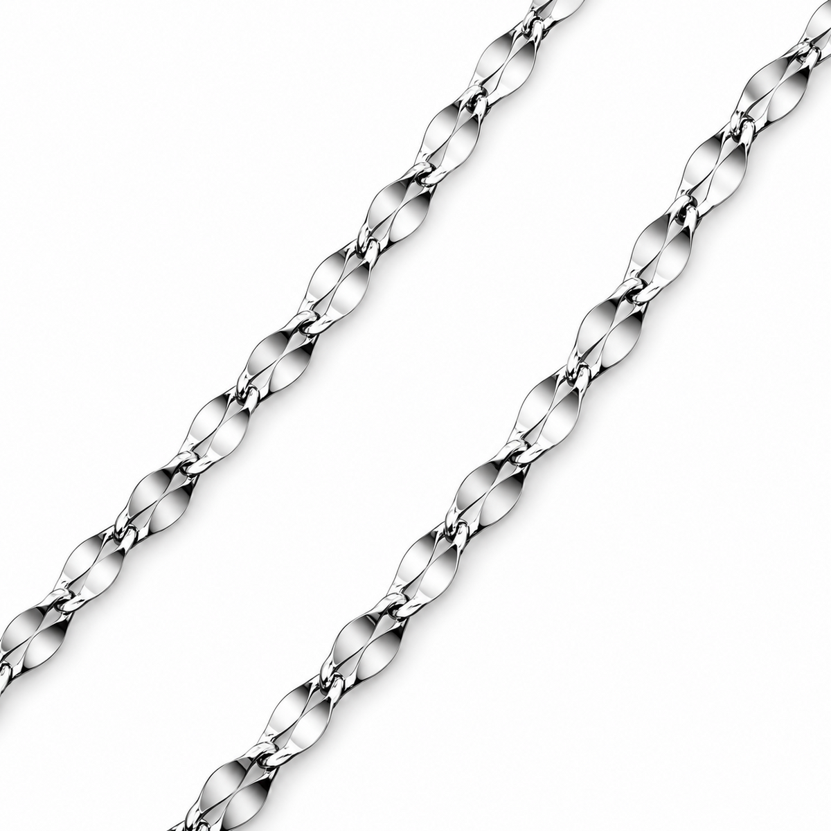 Close-up of Lustre platinum petal-shaped links and polished facets