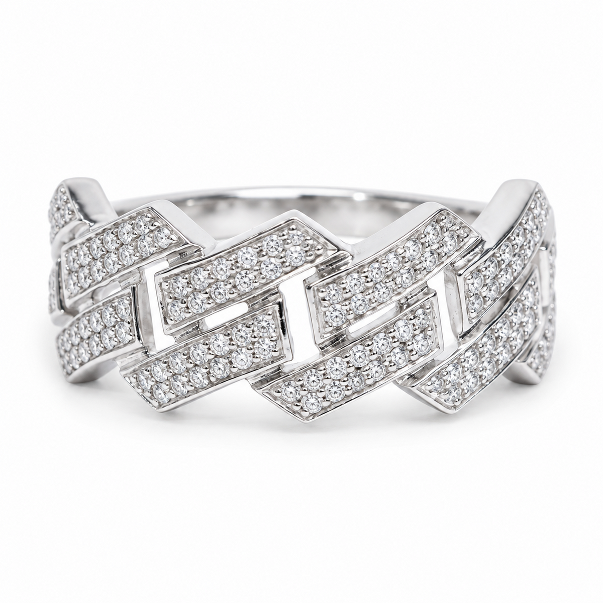 Nexus PT950 platinum ring with angular links and double rows of pavé lab-grown diamonds on white.