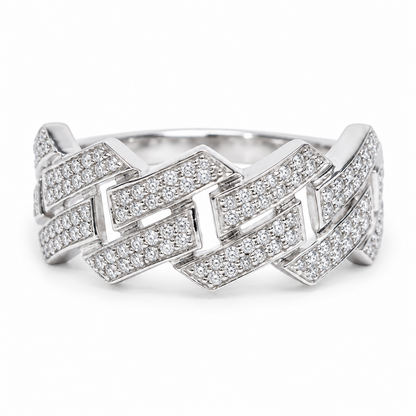 Nexus PT950 platinum ring with angular links and double rows of pavé lab-grown diamonds on white.