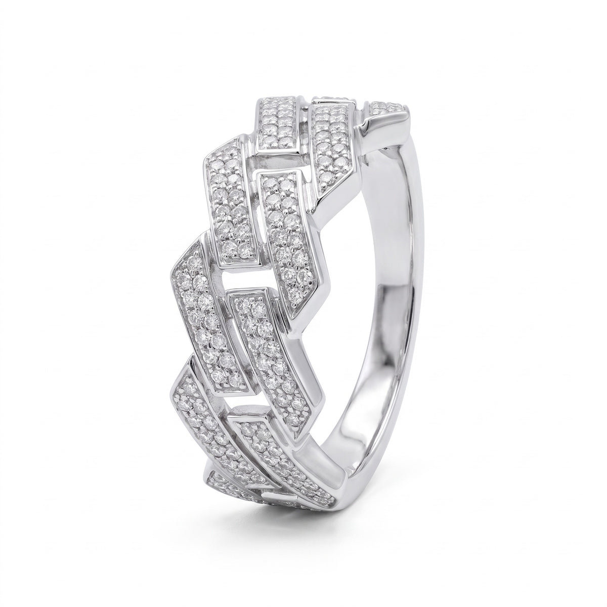 Nexus ring side view showing geometric pavé links and tapered polished shank.