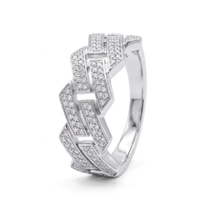 Nexus ring side view showing geometric pavé links and tapered polished shank.
