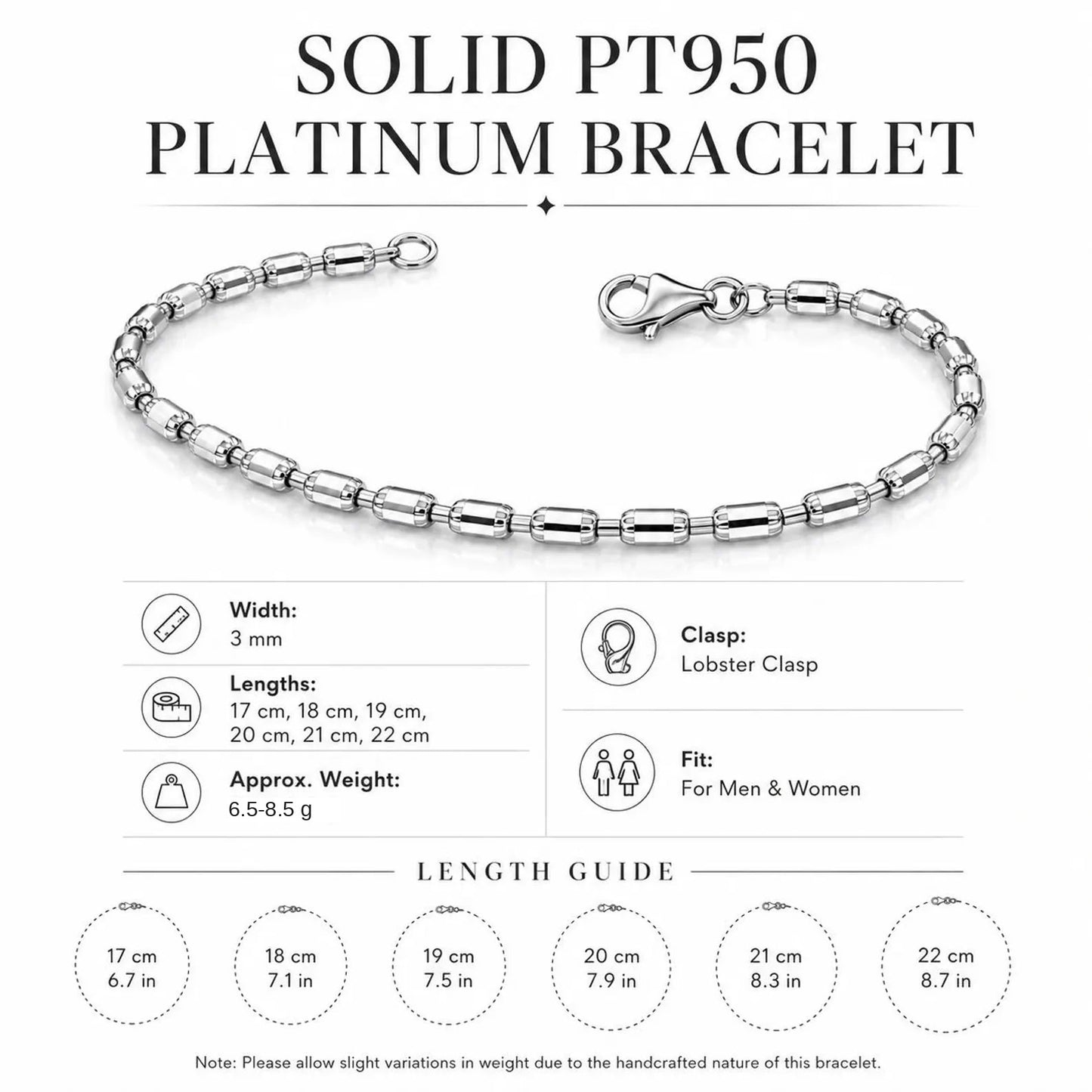 PT950 barrel link bracelet size and weight guide