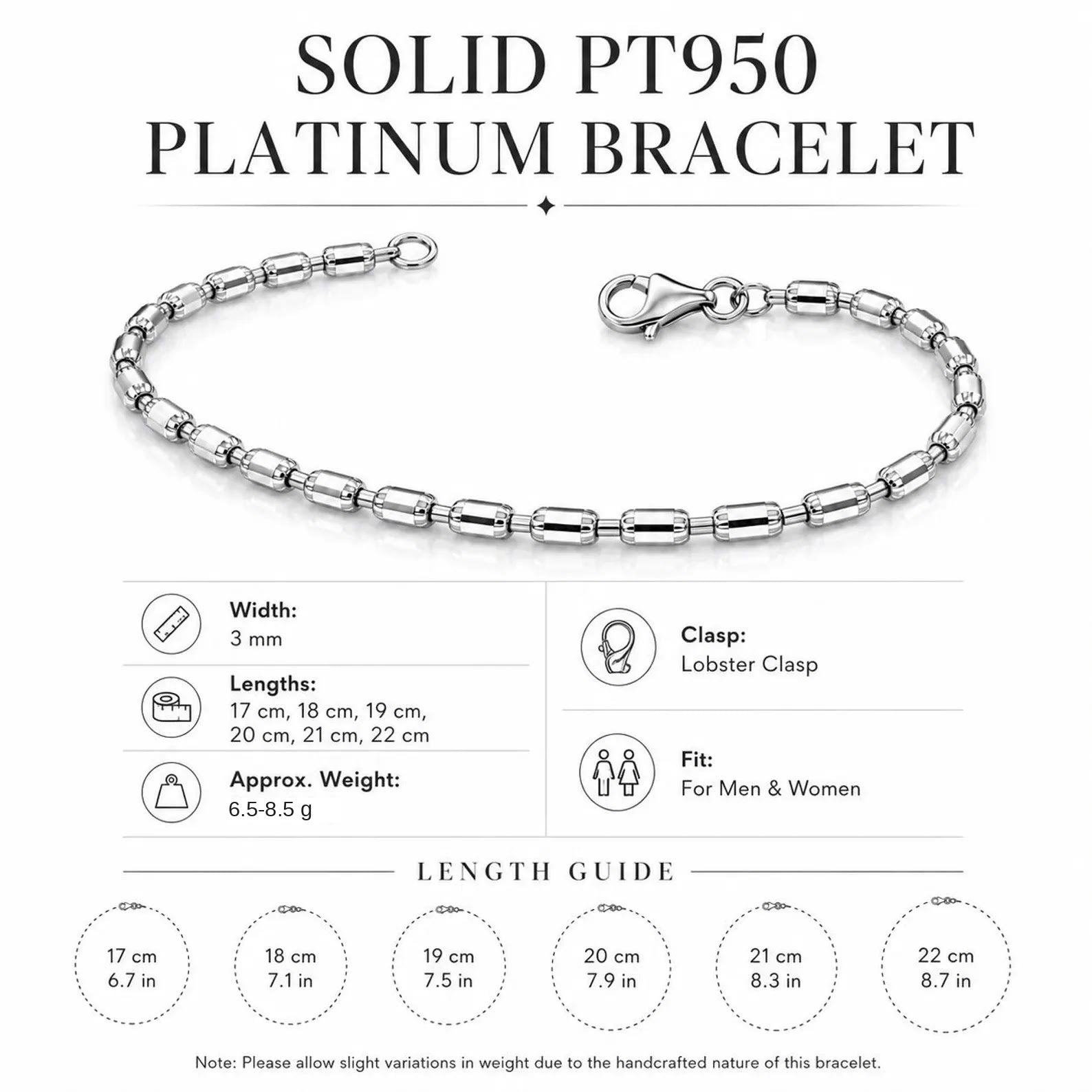 PT950 barrel link bracelet size and weight guide