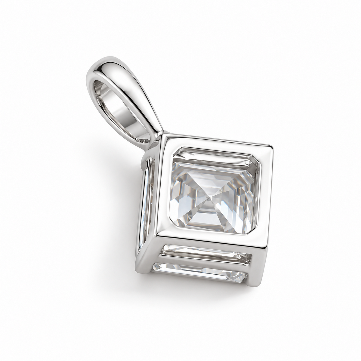 Princess cut lab grown diamond pendant necklace worn on model