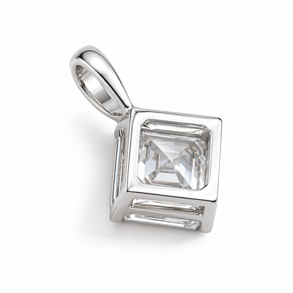 Princess cut lab grown diamond pendant necklace worn on model