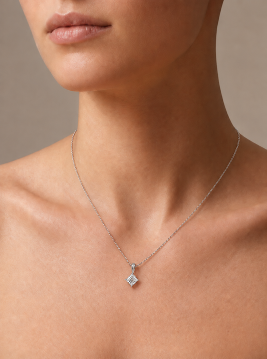 Fine jewellery styling with 1 carat princess cut diamond necklace